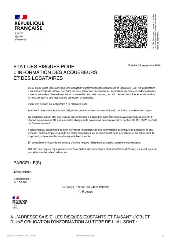 Première page de l'état des risques d'un dossier d'exemple