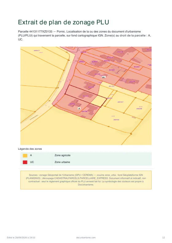 Page « Extrait de plan de zonage PLU » d'un dossier d'exemple