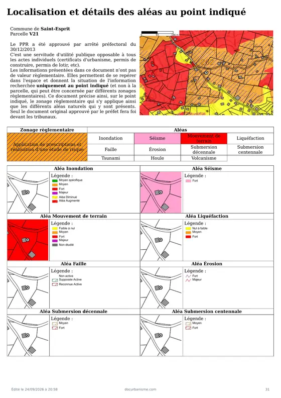 Première page du Plan de Prévention des Risques joint à un dossier (aléas au point de la parcelle)
