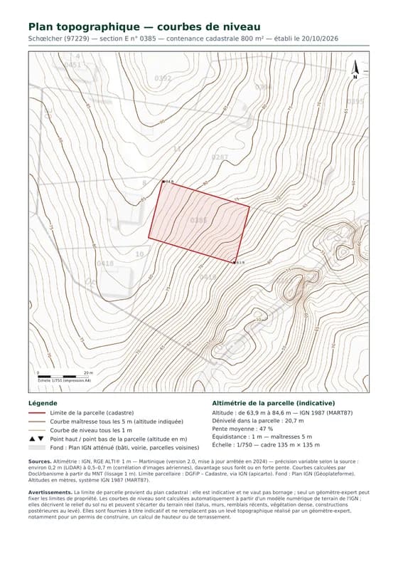 Plan topographique d'une parcelle à Schœlcher : courbes de niveau tous les mètres, limite cadastrale, points haut et bas