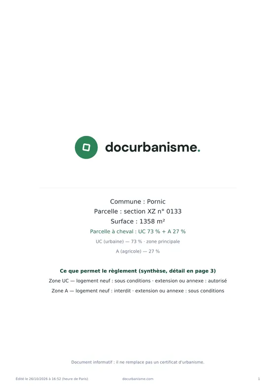 Page de garde du dossier : parcelle XZ 133 à Pornic, 1 358 m², à cheval sur les zones UC (73 %) et A (27 %), avec ce que permet le règlement