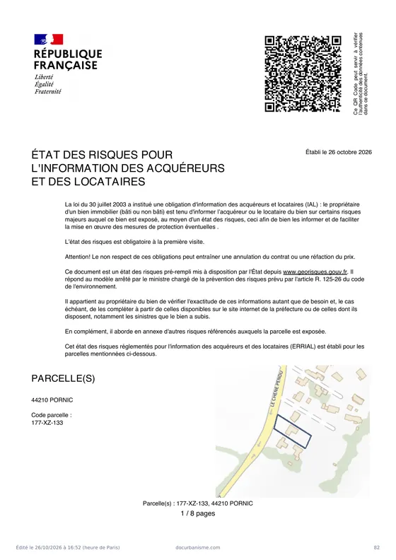 Première page de l'état des risques officiel établi par Géorisques pour la parcelle