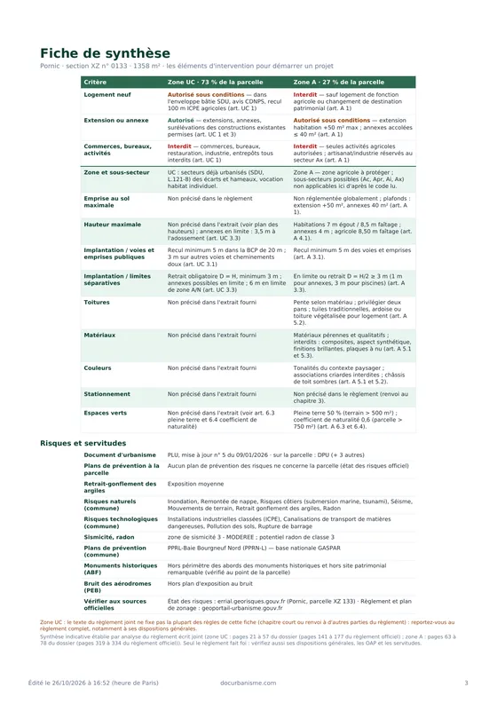 Fiche de synthèse d'une page : ce qui est autorisé dans chaque zone (logement neuf, extension, activités), règles chiffrées avec l'article, risques et servitudes