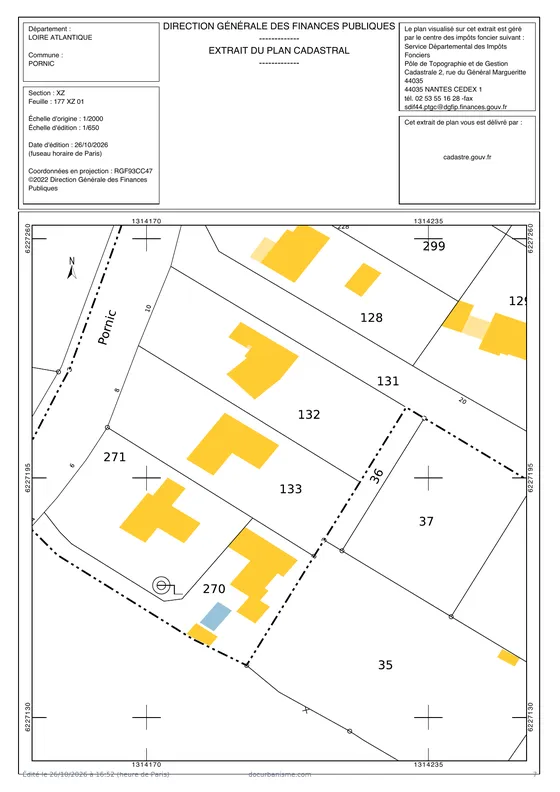 Extrait du plan cadastral officiel de la DGFiP délivré par cadastre.gouv.fr pour la parcelle XZ 133 à Pornic