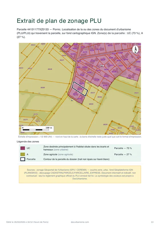 Extrait du plan de zonage PLU : la parcelle traverse la zone urbaine UC et la zone agricole A