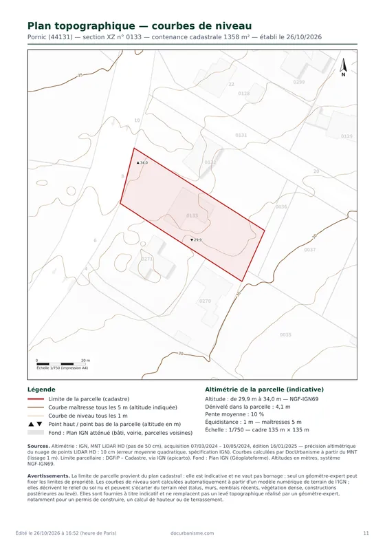 Plan topographique de la parcelle XZ 133 à Pornic : courbes de niveau, limite cadastrale, points haut et bas