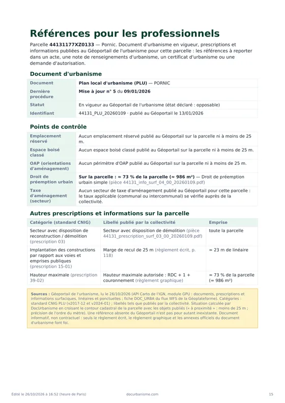 Références pour les professionnels : document d'urbanisme en vigueur, prescriptions et informations publiées au Géoportail sur la parcelle