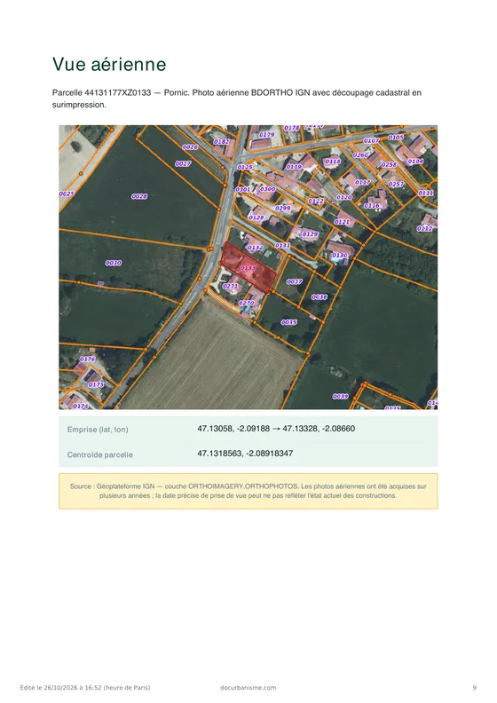 Photo aérienne IGN de la parcelle avec le découpage cadastral en surimpression